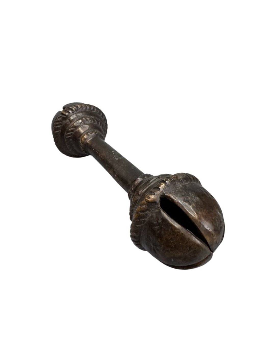 Antique Brass Baby Rattle Double Bell Primitive Nursery Decor 6 Inch 13 Oz - Picture 7 of 10